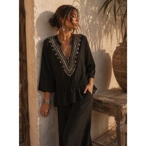 Chicos Size 2 Embellished Tunic Blouse Black Womens Large Boho Glam Evening